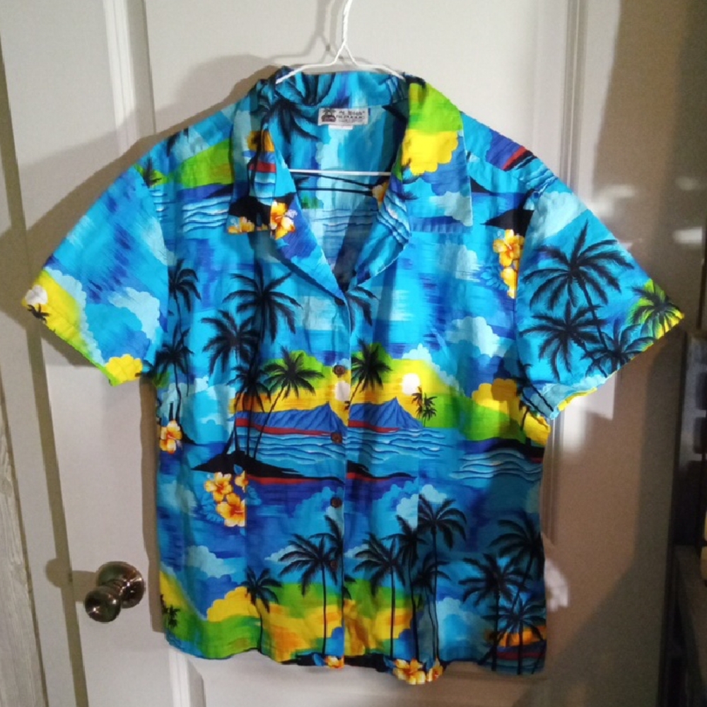 Aloha Rebuplic Tropical Print Cotton SS Button Down Shirt Size XL Womens